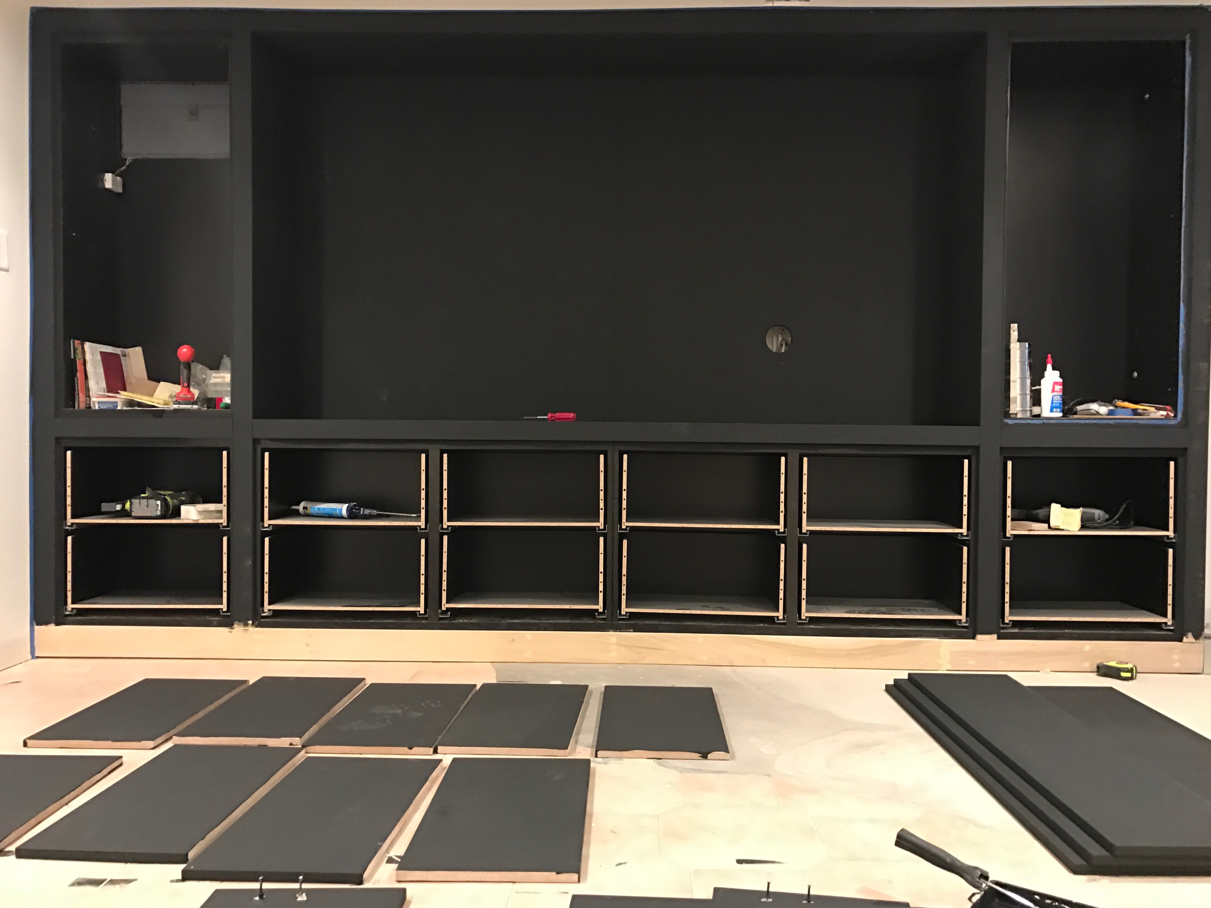 media-room-built-ins-painting-in-progress-farrow-and-ball-pitch-black